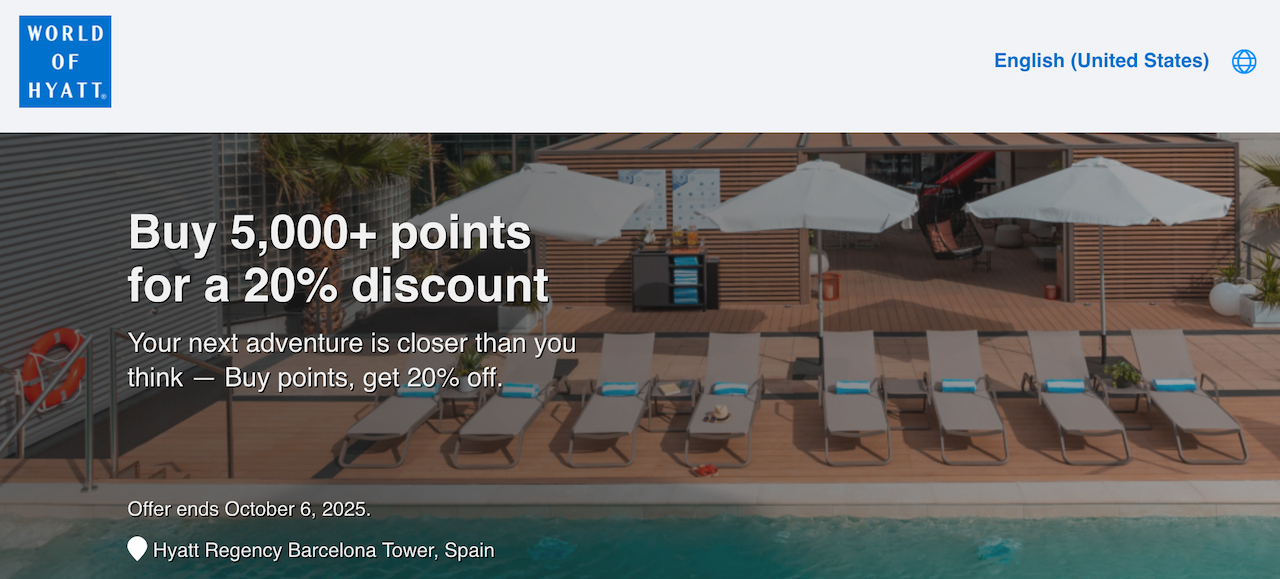购买World of Hyatt积分，享受20%折扣，截止至2025年10月6日。