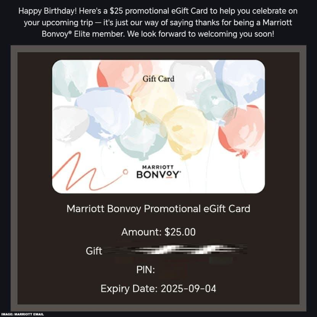 万豪旅享家生日祝福，附赠礼品卡（需在30天内使用）