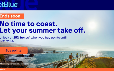 JetBlue TrueBlue 积分购买活动：最高可享125%奖励积分，截止至2025年8月11日。