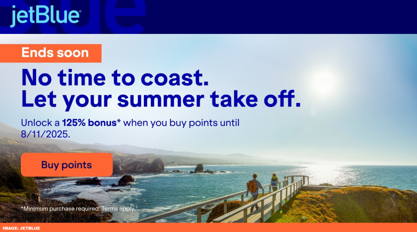 JetBlue TrueBlue 积分购买活动：最高可享125%奖励积分，截止至2025年8月11日。