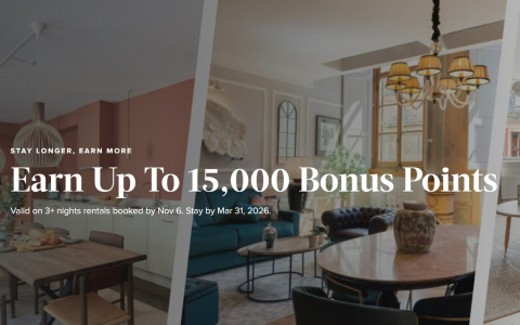 万豪度假屋促销：入住可获 5000 至 15000 点奖励积分