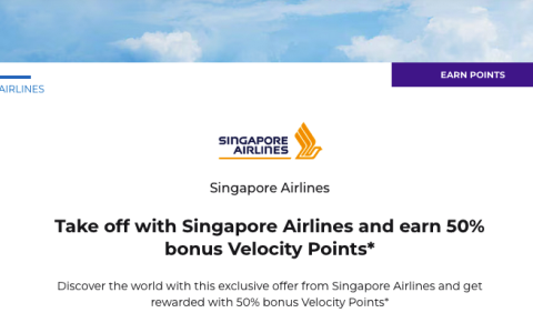 维珍澳大利亚Velocity计划：搭乘新加坡航空航班可获50%奖励积分