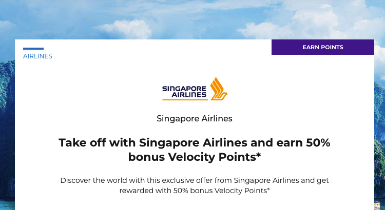 维珍澳大利亚Velocity计划：搭乘新加坡航空航班可获50%奖励积分