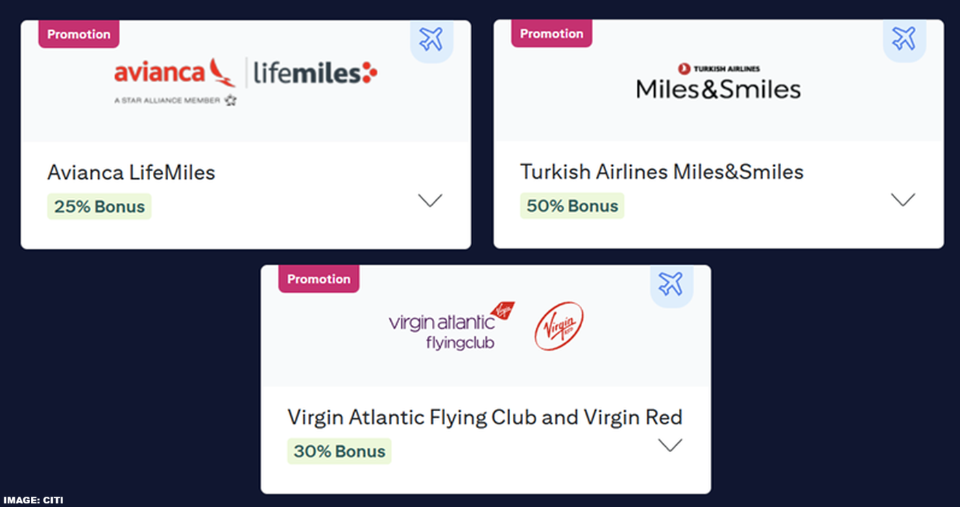 花旗ThankYou积分兑换安联航空、土耳其航空及维珍大西洋航空机票享25%-50%奖励积分，活动截止至2025年10月18日