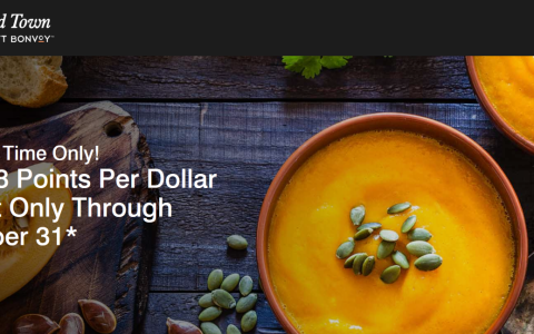 万豪旅享家”畅享美食”活动：每消费1美元可获8积分，有效期至2025年10月31日