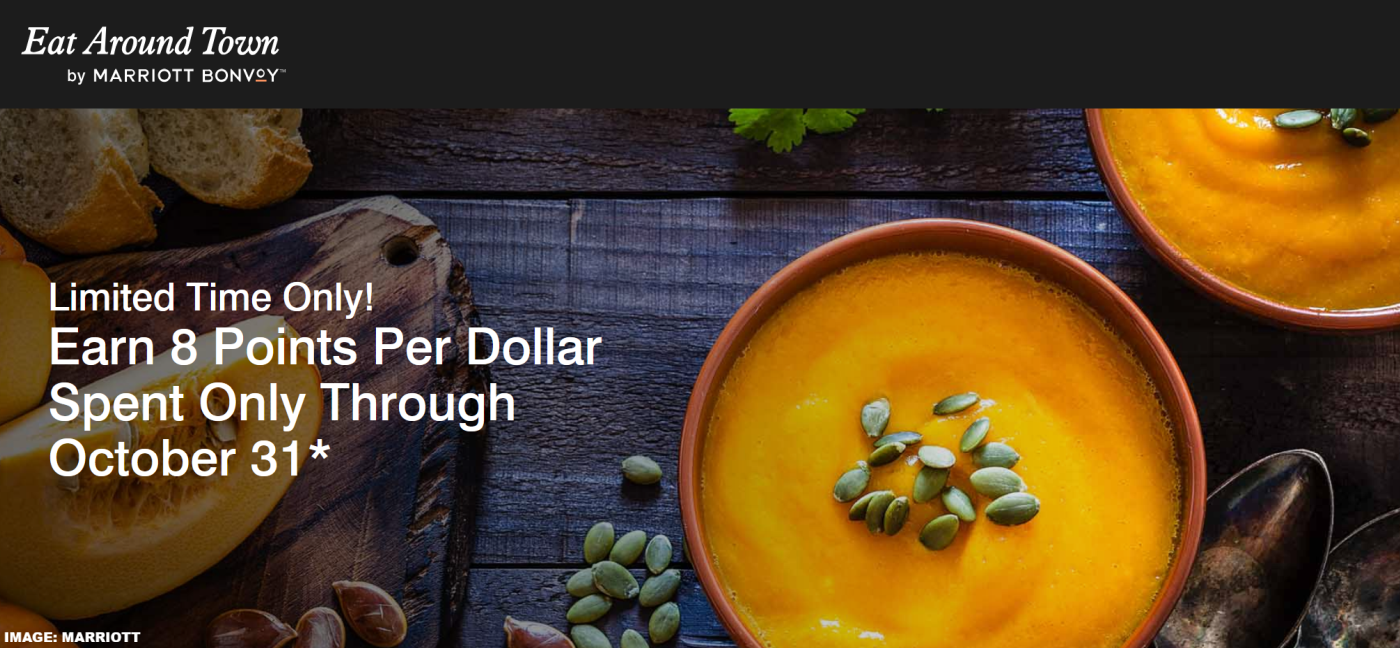 万豪旅享家”畅享美食”活动：每消费1美元可获8积分，有效期至2025年10月31日