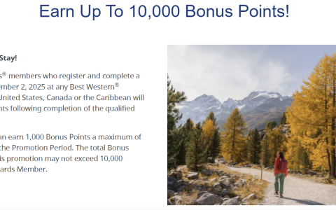最佳西方酒店促销活动：每晚可获1,000奖励积分，最多可享10晚