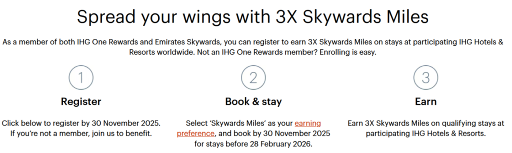 洲际酒店集团优悦会与阿联酋航空里程三倍累积优惠，有效期至 2026 年 2 月 28 日（预订截止日期：11 月 30 日）