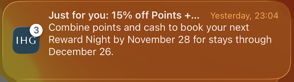 洲际酒店集团15%积分+现金促销活动，入住有效期至2025年12月26日（需于11月28日前预订）