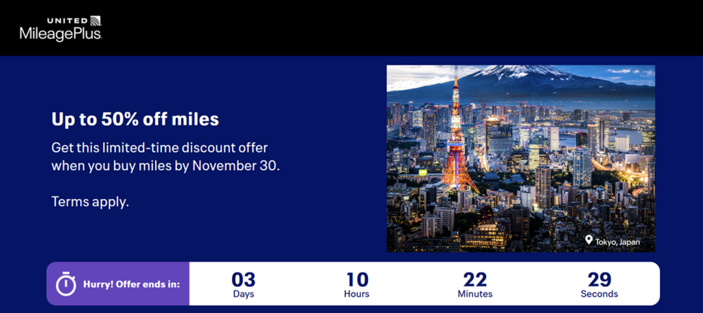 美国联合航空公司里程购买活动：最高享 50% 折扣，优惠持续至 2025 年 11 月 30 日