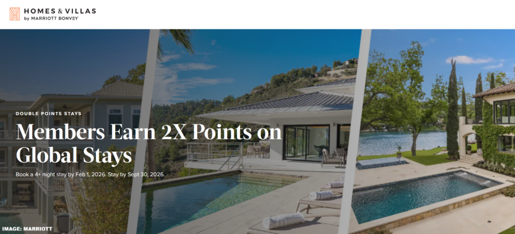 2026 年 2 月 1 日至 9 月 30 日期间入住万豪旅享家住宅及别墅可享双倍积分（需在 2 月 1 日前预订）