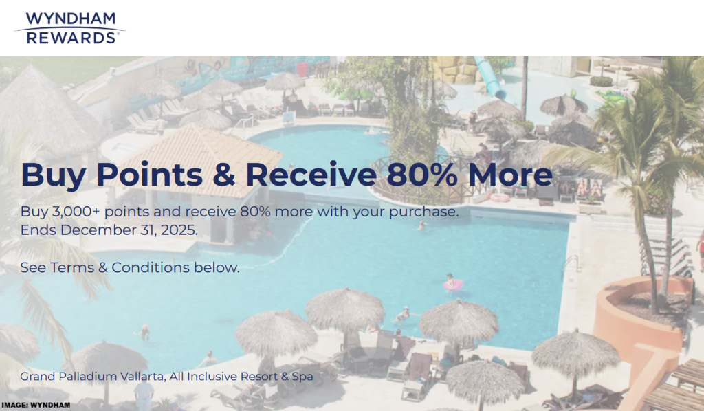 温德姆奖励计划积分购买活动，即日起至 2025 年 12 月 31 日，购买积分可享高达 80% 至 100% 的奖励。