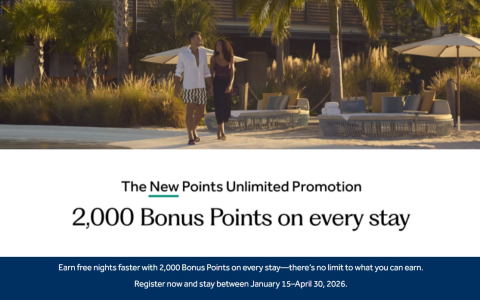 希尔顿荣誉客会促销活动：2026 年 1 月 15 日至 4 月 30 日期间，每次入住可额外赚取 2000 点积分。
