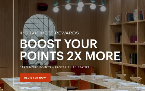 洲际酒店集团商务奖励计划促销：消费每达 3000 美元，即可赚取双倍积分及 2 晚精英会籍奖励夜。