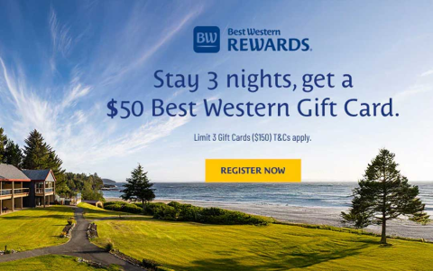 最佳西方奖励计划：入住 3 晚，获赠 50 美元最佳西方礼品卡
